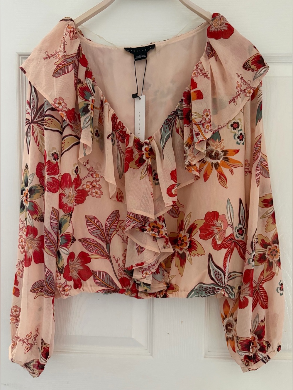 Sanctuary Peach Floral Ruffle V-Neck Blouse